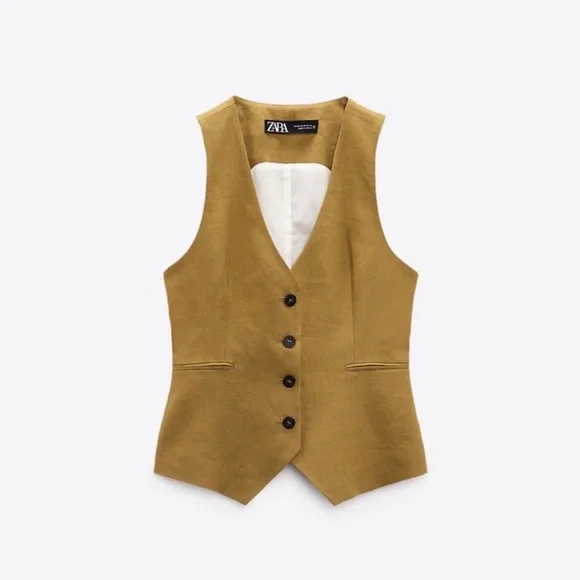 Women’s Zara Tailored Linen Vest Brown Large 2753 131 732 - Picture 2 of 7